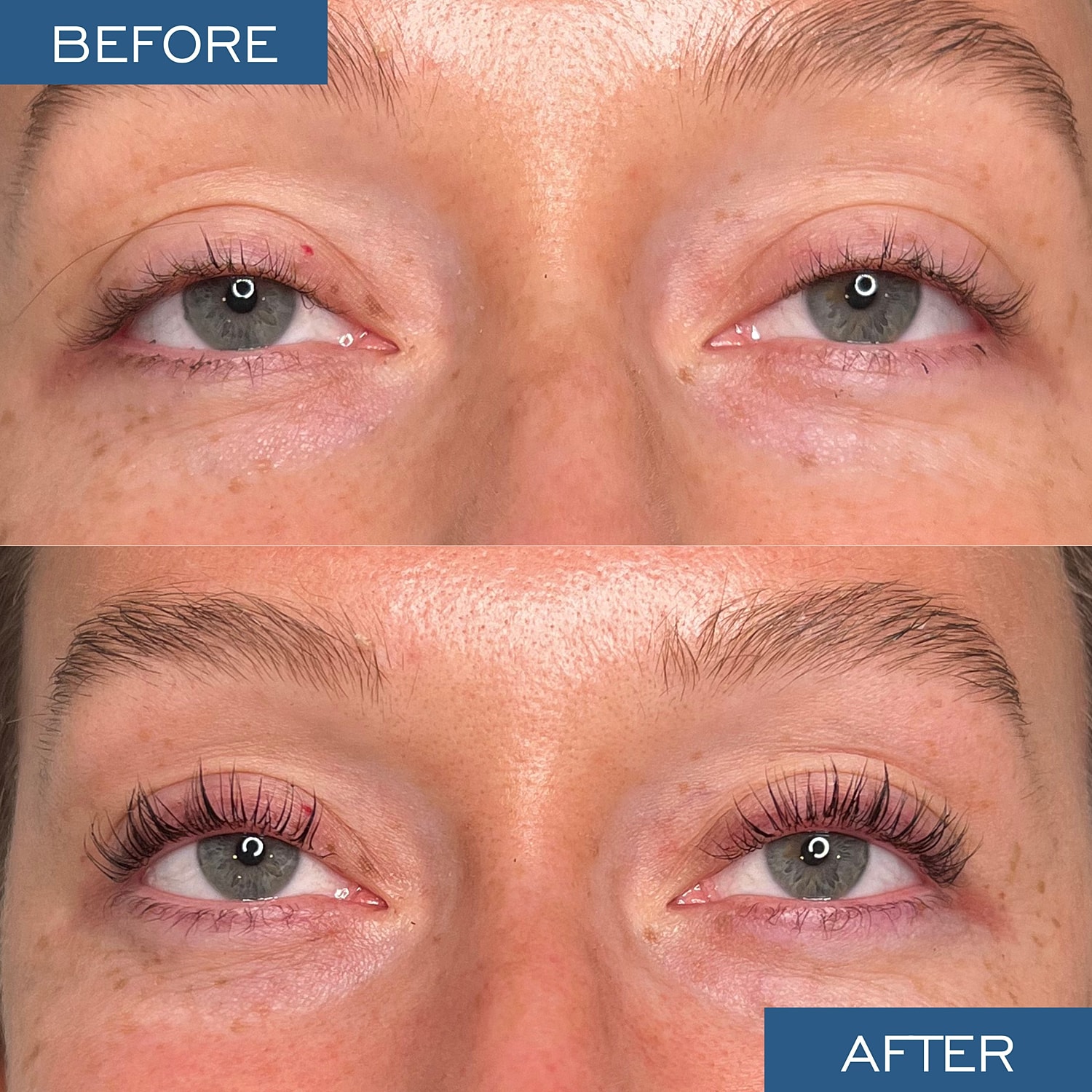 Lash lift before and after comparison.